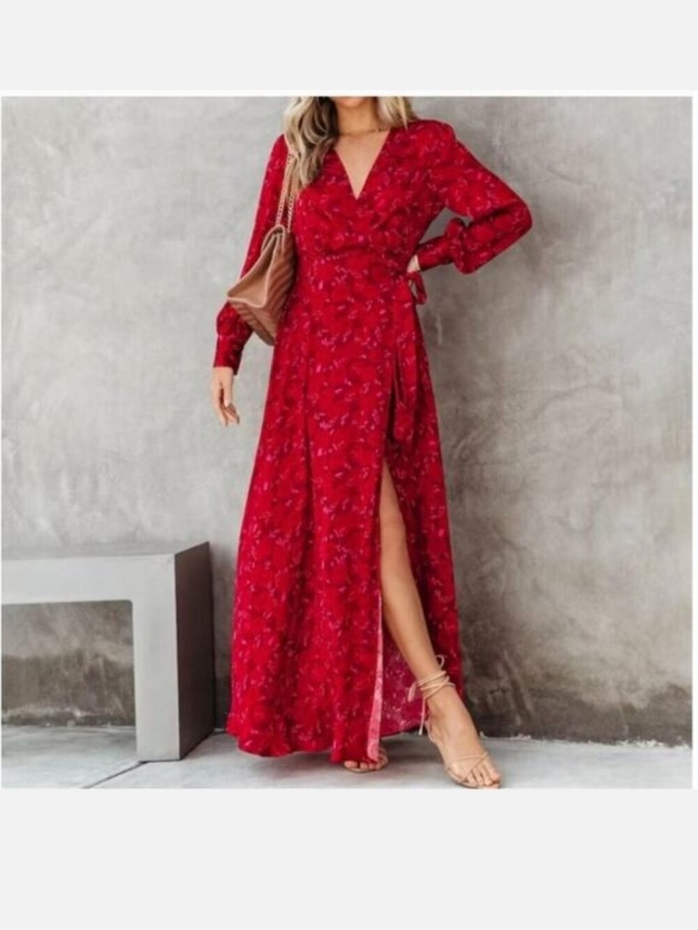Aakaa Red Floral Long Sleeve Wrap Maxi Dress with Side Slit